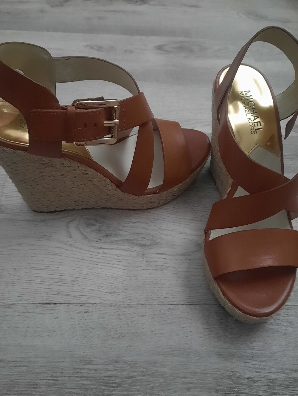 Michael Kors Cognac Leather Espadrille Wedge Sandals